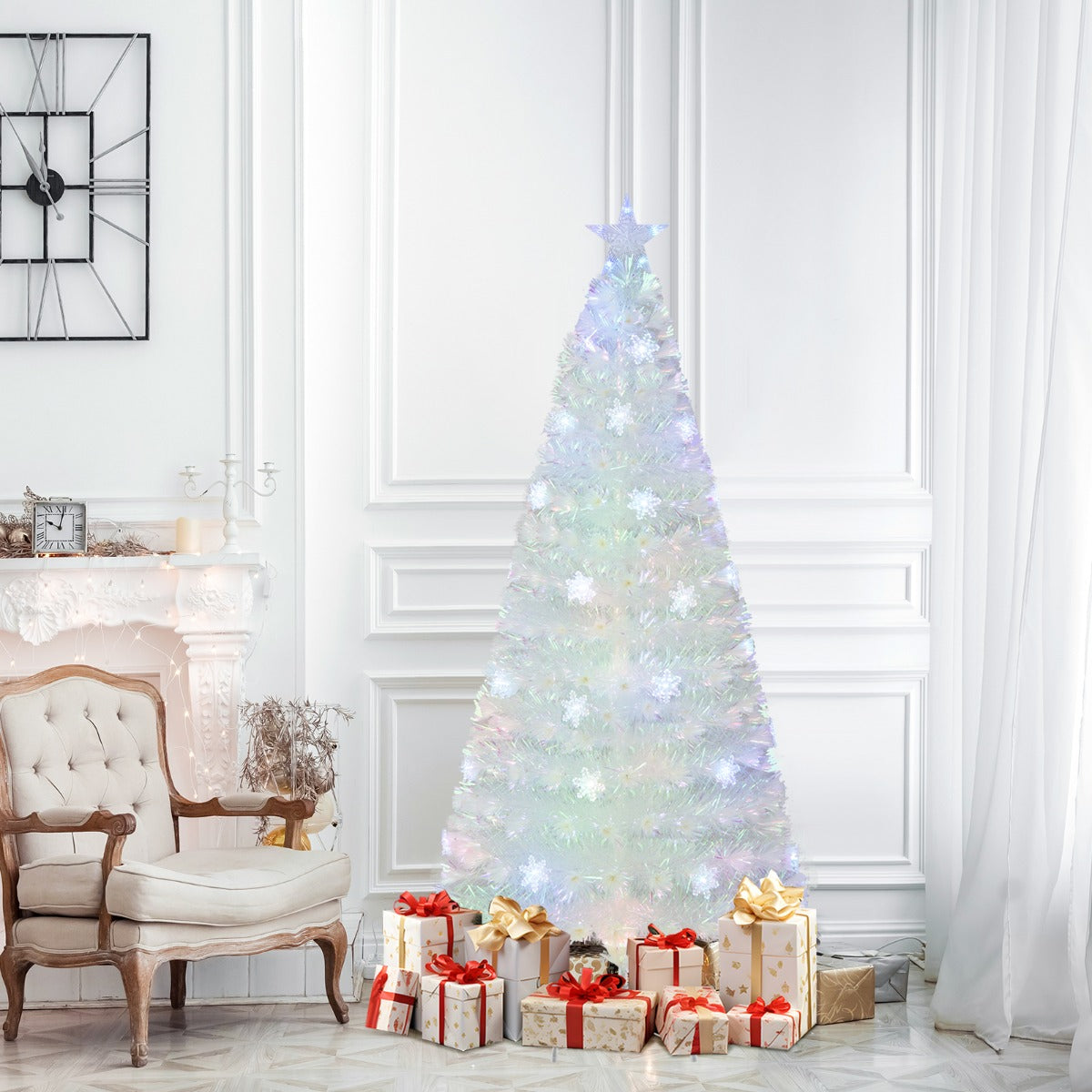 Konstgjord – julgran med färgglada LED lampor och Fiberoptik Star Topper – 180 cm – Vit