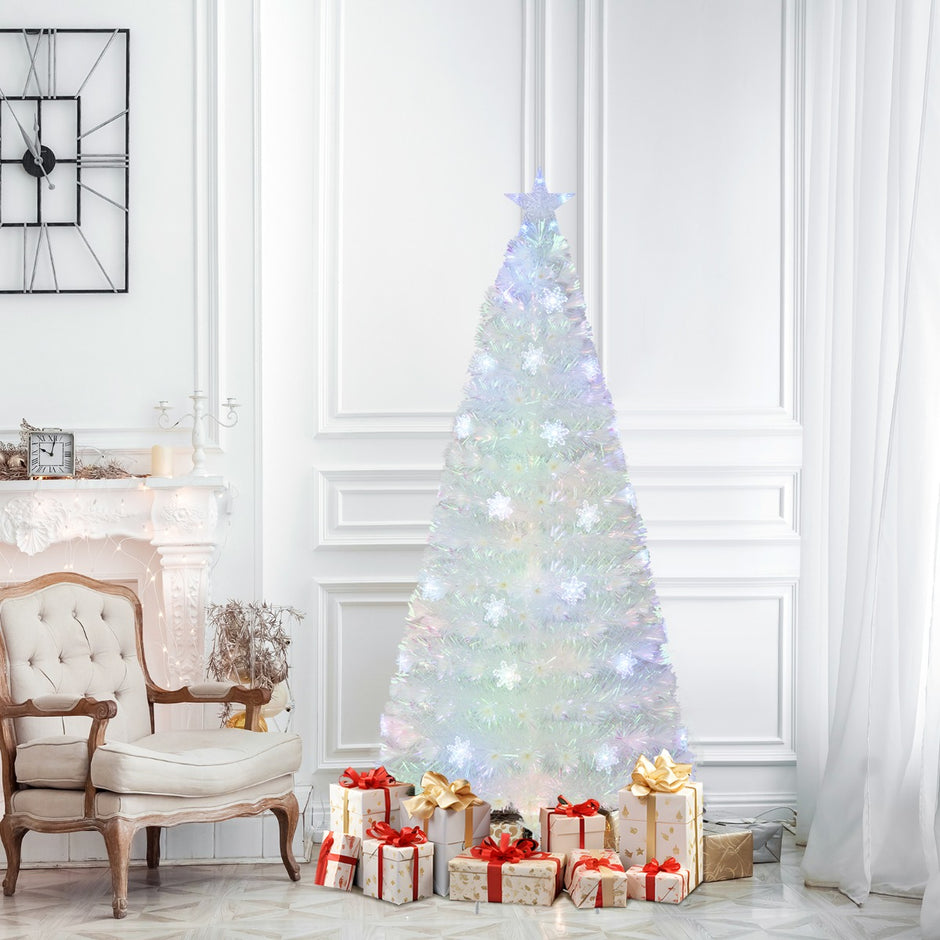 Konstgjord – julgran med färgglada LED lampor och Fiberoptik Star Topper – 180 cm – Vit