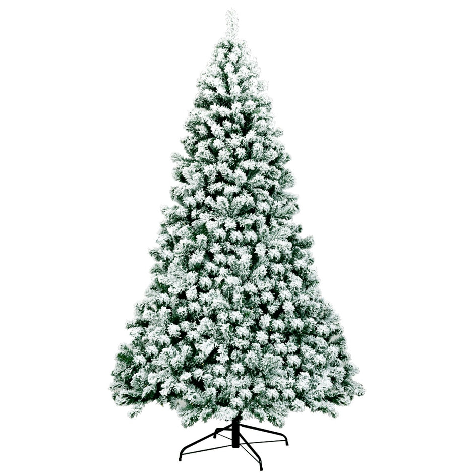 Upplyst – snötäckt julgran med fällbart metallställ + – 225 cm – Grön och vit