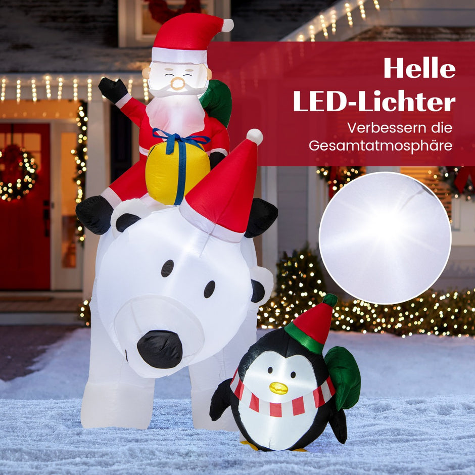 Uppblåsbar – jultomte isbjörn med pingvin och presentförpackning Julfigur LED interiörbelysning – 210 cm – Vit