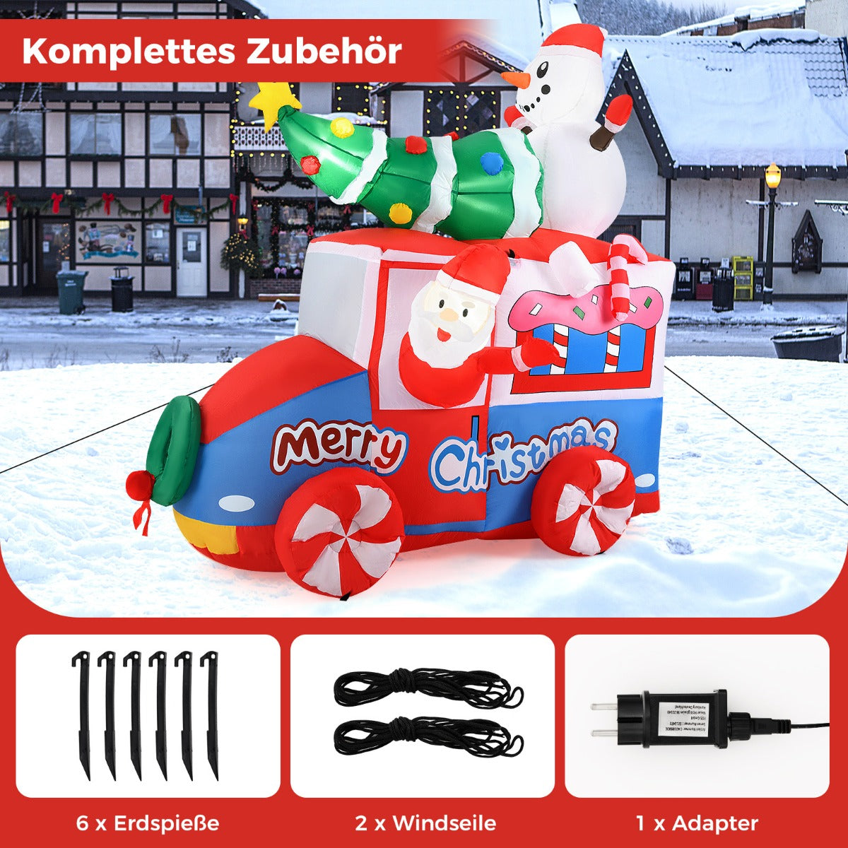 Uppblåsbar – dekoration jul LED jultomten i bil med snögubbe – 177 cm – Färgglad