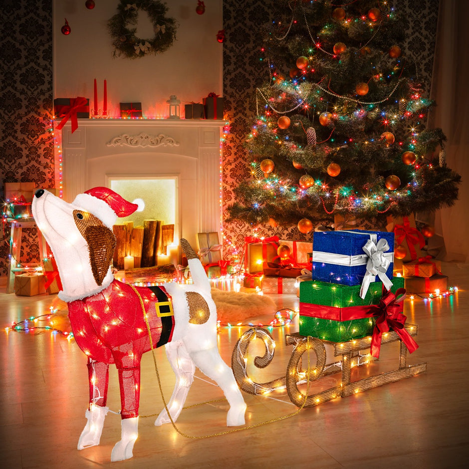 Hund – med släde och presentaskar Juldekoration varma LED lampor – 170 – Röd