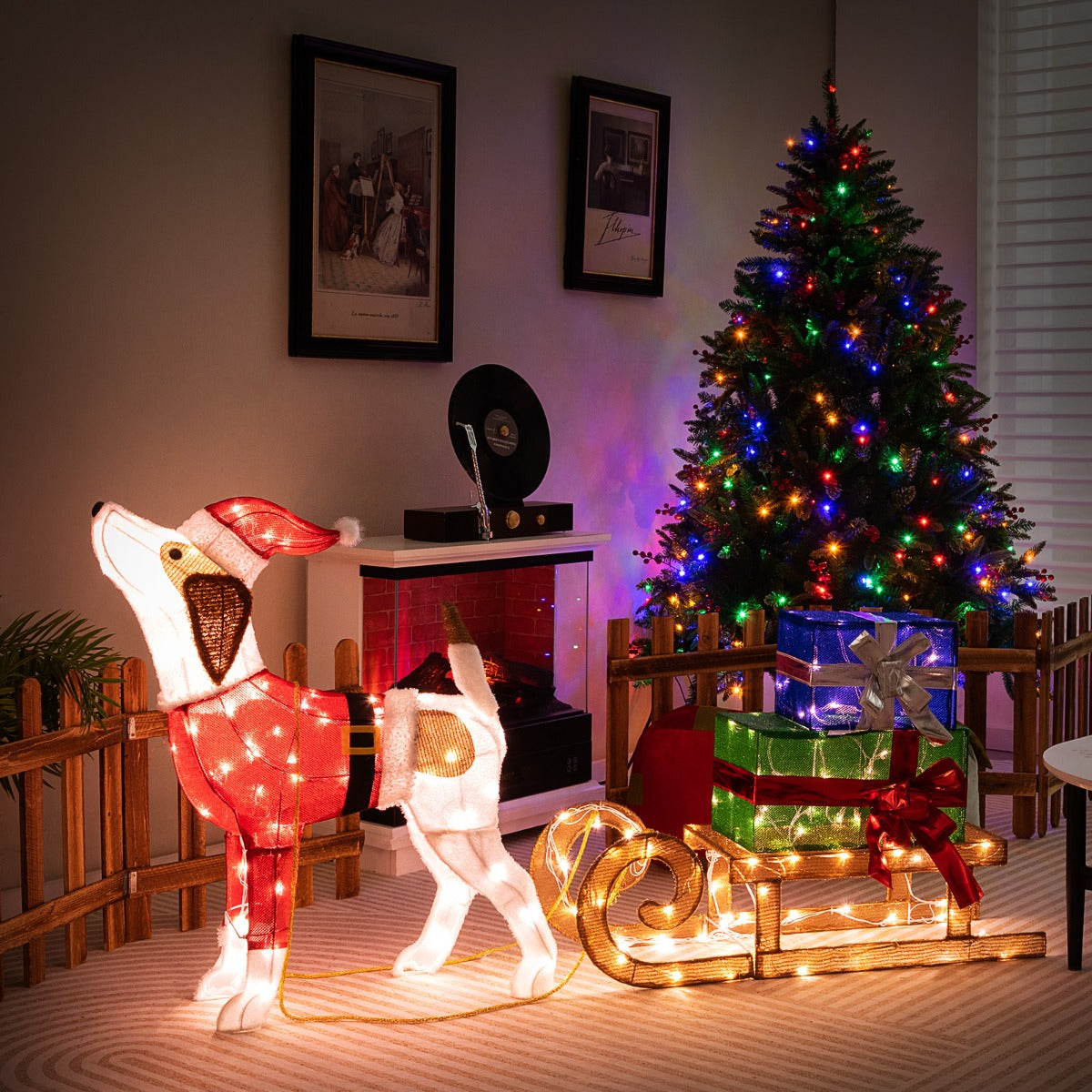 Hund – med släde och presentaskar Juldekoration varma LED lampor – 170 – Röd