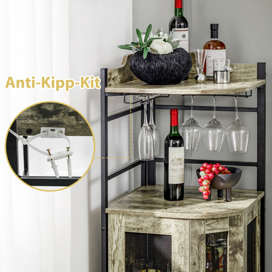 Vinskåp – Industriell barskåp med glashållare Köksskåp Hörn – 48 x 48 x 130 cm – Rustik brun