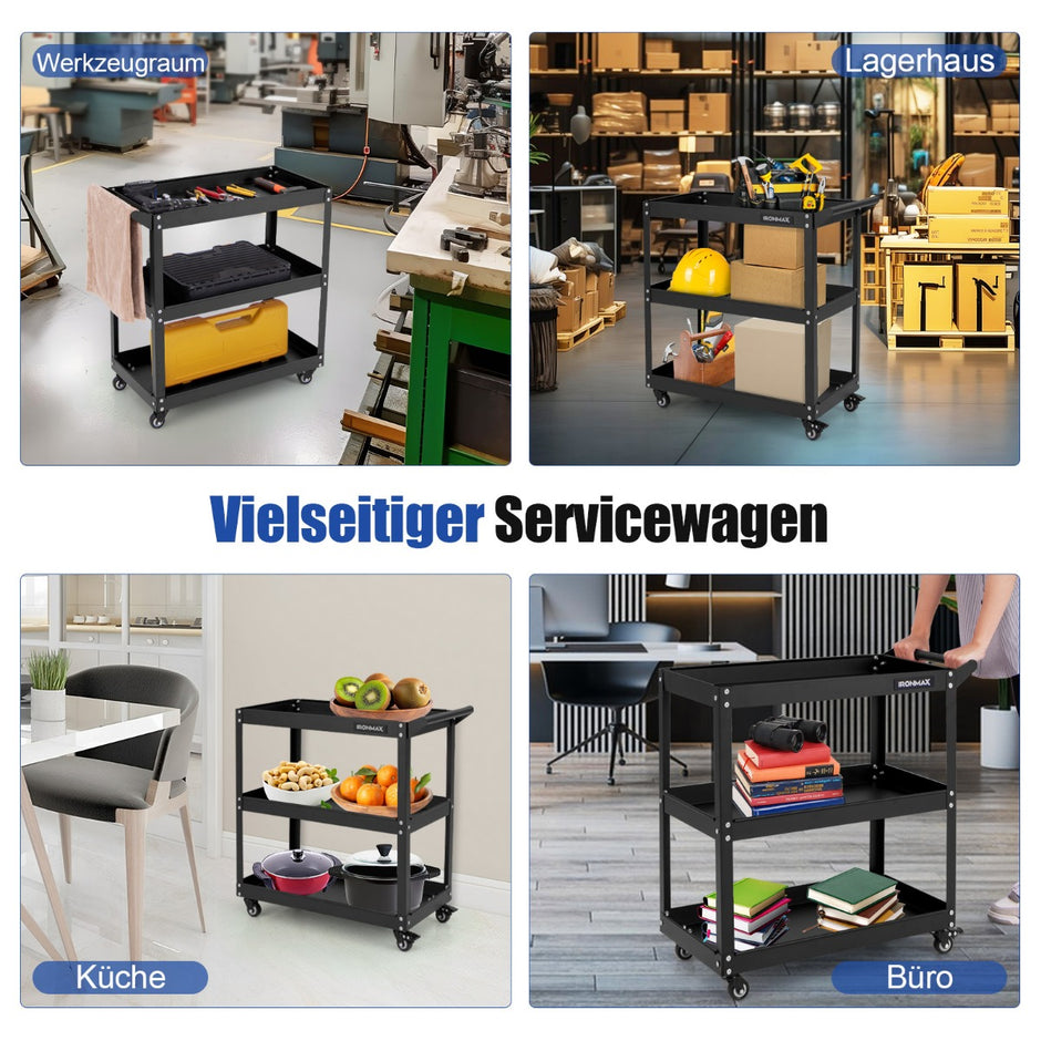 Verkstadsvagn – nivåer med universalhjul och handtag – 3 4 73 x 36 x 75 cm – Svart