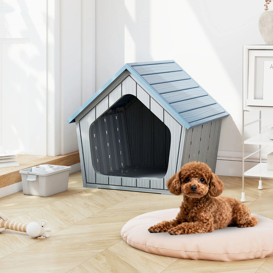 Väderbeständigt – kattbo i plast med ventilationsöppningar och lutande tak Husdjurs skydd Valpbur – Blå