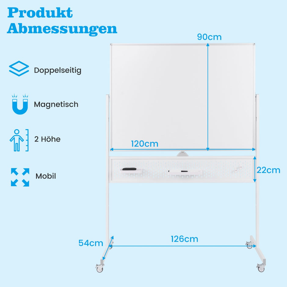 Dubbelsidig – mobil Whiteboard med Pegboard och Hjul Stativ – 120 x 90 cm – Vit