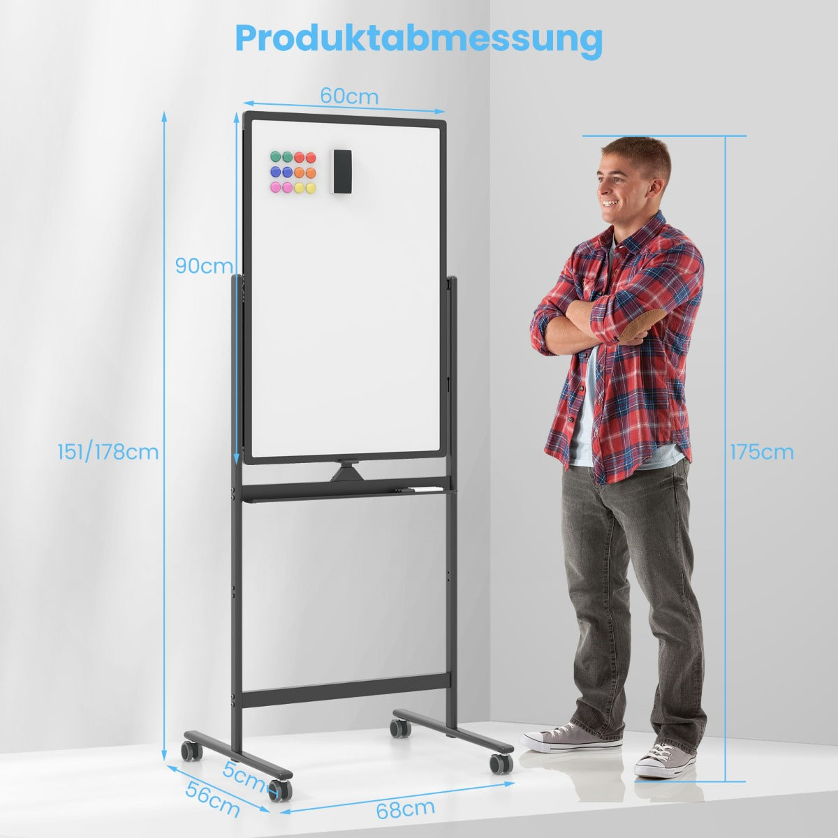 Dubbelsidig – mobil whiteboardtavla med pennfack och tillbehör för skolkontoret – 60 x 90 cm – Svart
