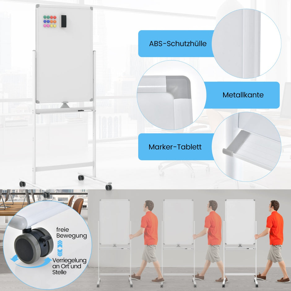 Dubbelsidig – mobil whiteboardtavla med pennfack och tillbehör för skolkontoret – 60 x 90 cm – Vit