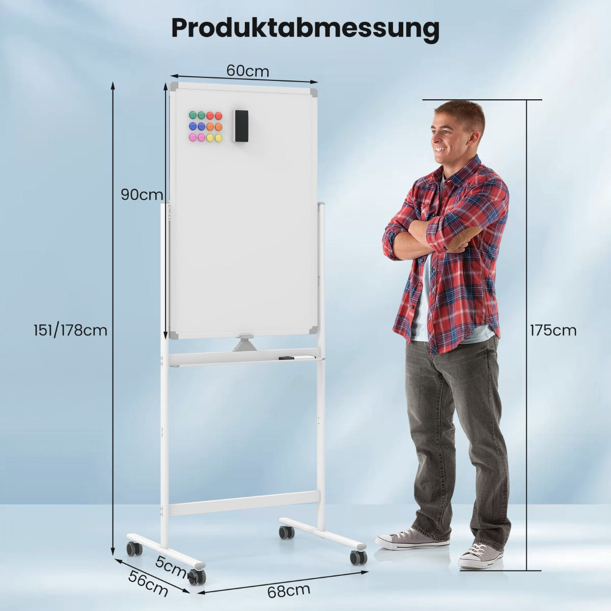 Dubbelsidig – mobil whiteboardtavla med pennfack och tillbehör för skolkontoret – 60 x 90 cm – Vit