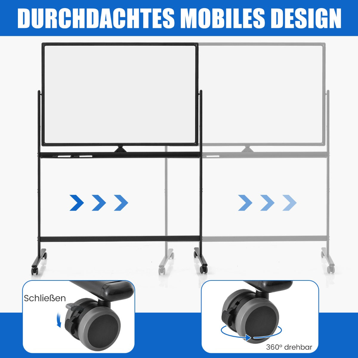 Dubbelsidig – mobil whiteboard Höjdjusterbar magnetisk – 120 x 80 cm – Svart
