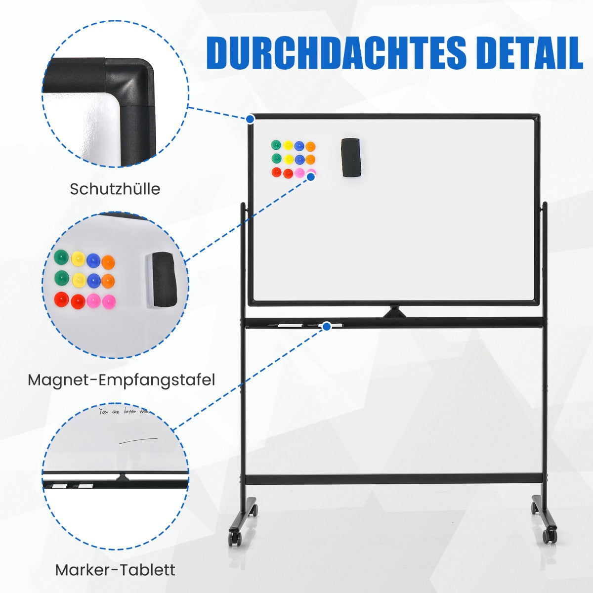 Dubbelsidig – mobil whiteboard Höjdjusterbar magnetisk – 120 x 80 cm – Svart