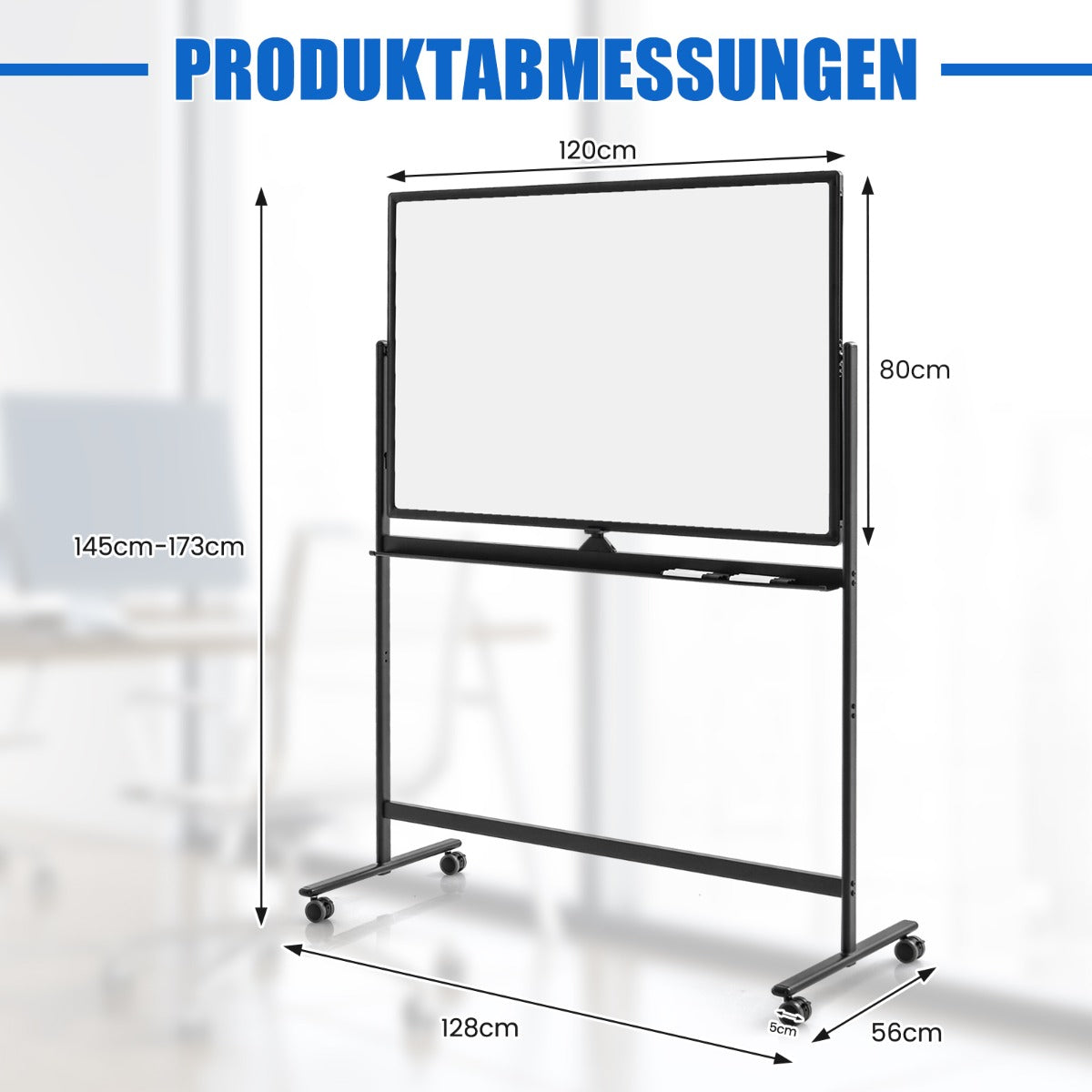 Dubbelsidig – mobil whiteboard Höjdjusterbar magnetisk – 120 x 80 cm – Svart