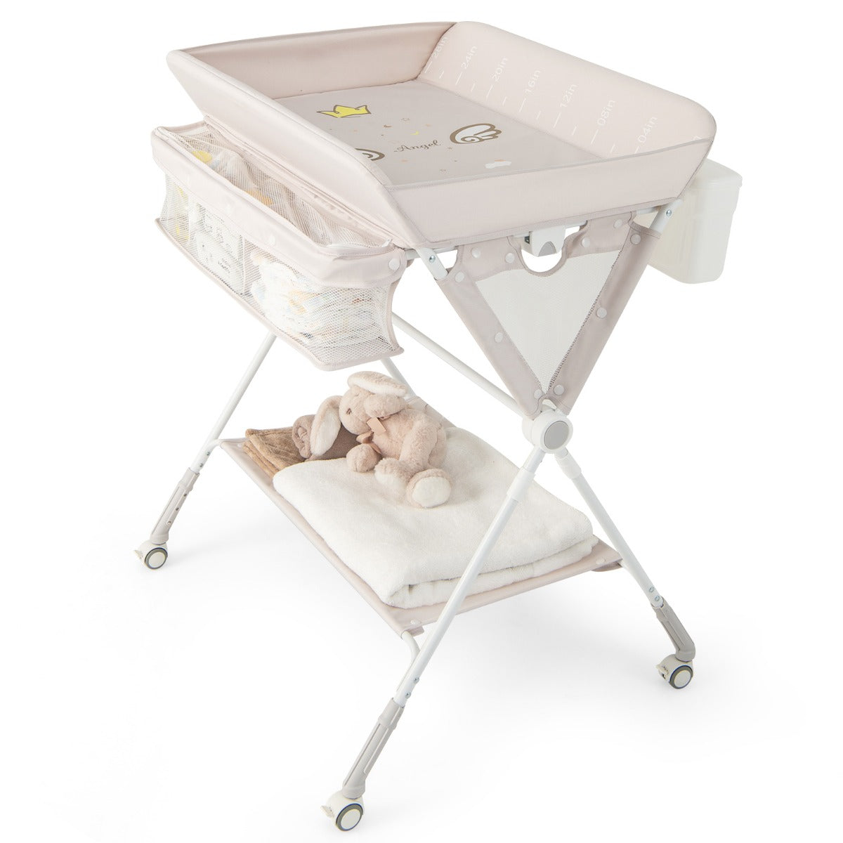 i – hopfällbart skötbord med hjul och papperskorg Mobilt – 3 1 – Beige