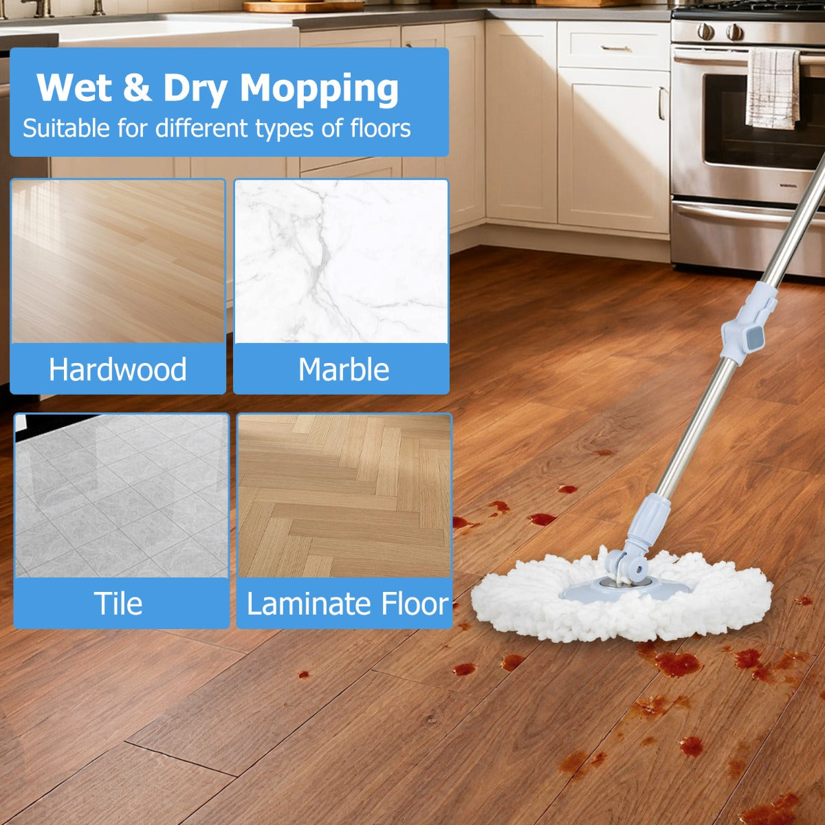 Mopping – och hink set med rektangulära överdrag runda – 7 1 – Blå