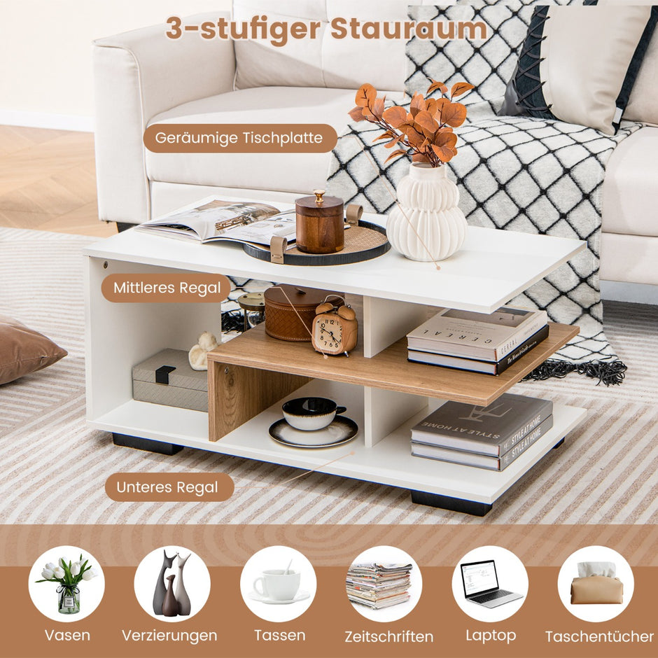 Soffbord – med förvaringsutrymme och L formad mitthylla Rektangulärt vardagsrumsbord Accentbord – Vit