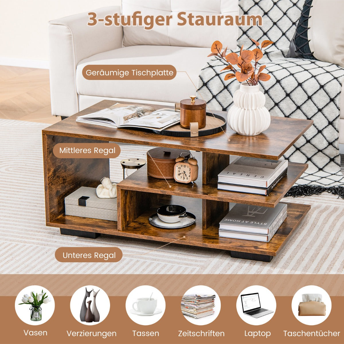Soffbord – med förvaringsutrymme och L formad mitthylla Rektangulärt vardagsrumsbord Accentbord – Brun