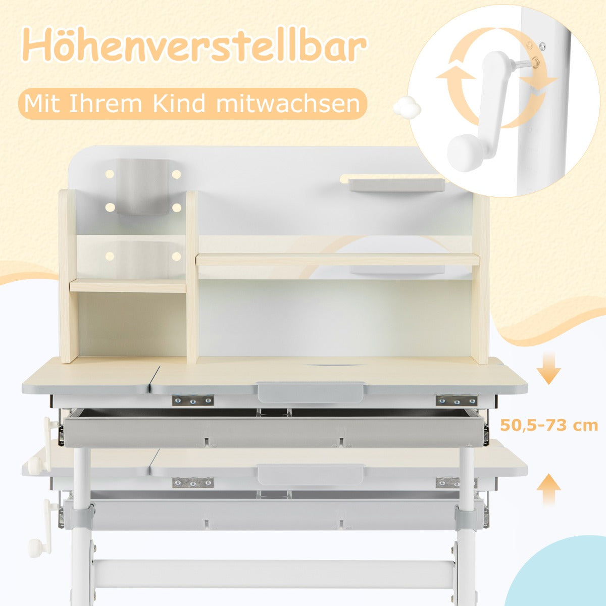 Höjdjusterbart – barnskrivbord med fällbar bordsskiva och hyllor låda studiebord – Grå