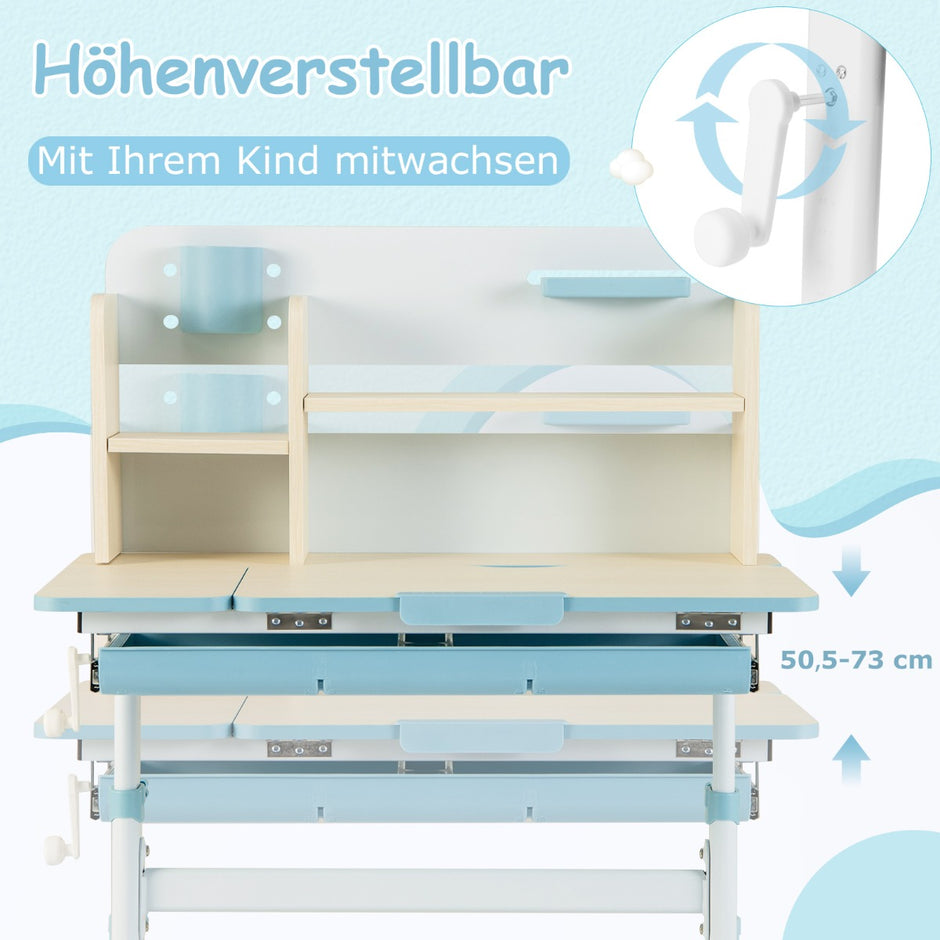 Höjdjusterbart – barnskrivbord med fällbar bordsskiva och hyllor låda studiebord – Blå