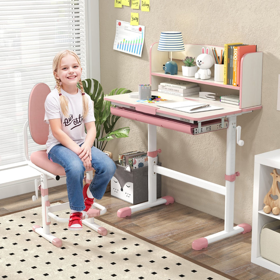 Höjdjusterbart – skrivbord med fällbar bordsskiva och låda hylla barnstudiebord – Rosa