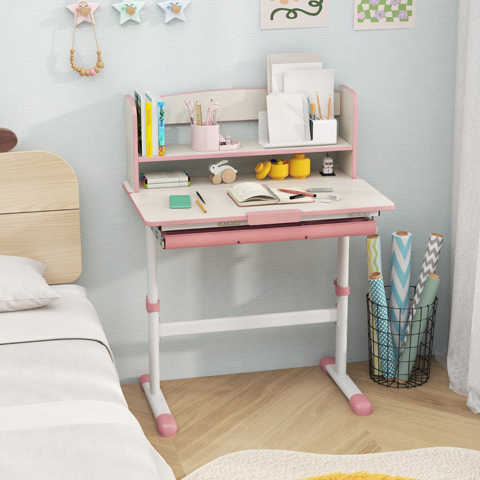 Höjdjusterbart – skrivbord med fällbar bordsskiva och låda hylla barnstudiebord – Rosa