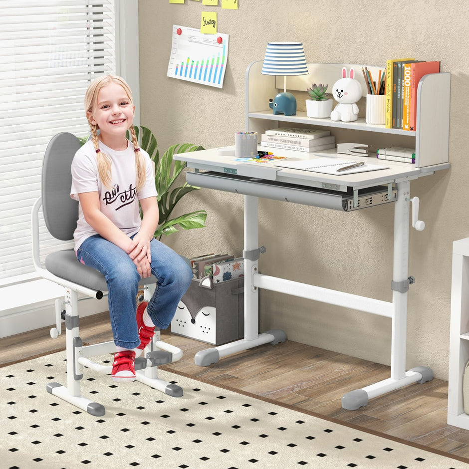 Höjdjusterbart – skrivbord med fällbar bordsskiva och låda hylla barnstudiebord – Grå