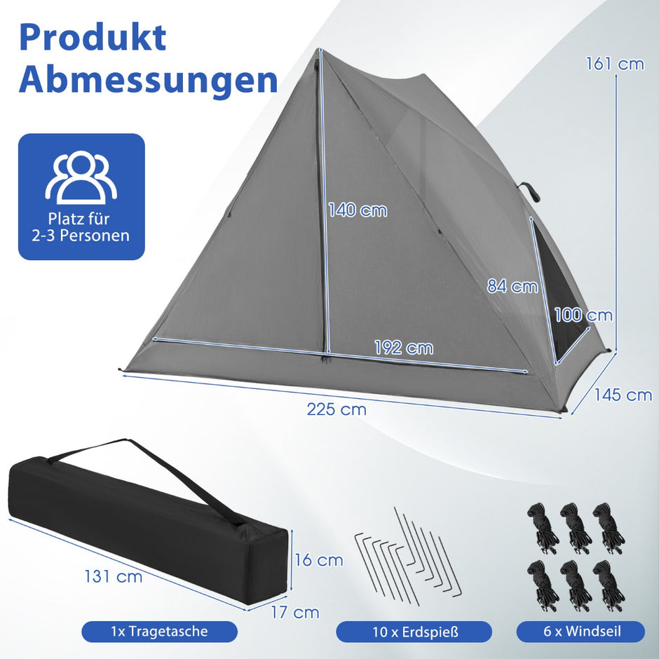 Pop – Up tält för personer 360° ensidigt transparent – 2-3 225 x 145 x 161 cm – Grå